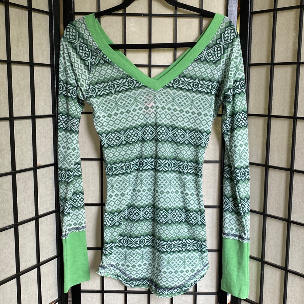 Vintage Free People | Long Sleeve Tee Sz S/P Green/White Pattern